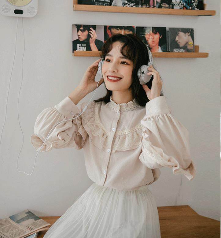 HolidayQueen   Spring 2021student sweet lace shirt all-matching fresh shirtWomen's clothin HQT102073