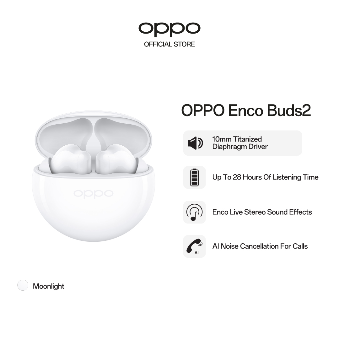 OPPO ENCO Buds2 / 10 mm Large Titanium Driver / Enco Live Stereo Sound Effect / AI Deep Noise Cancellation for Calls