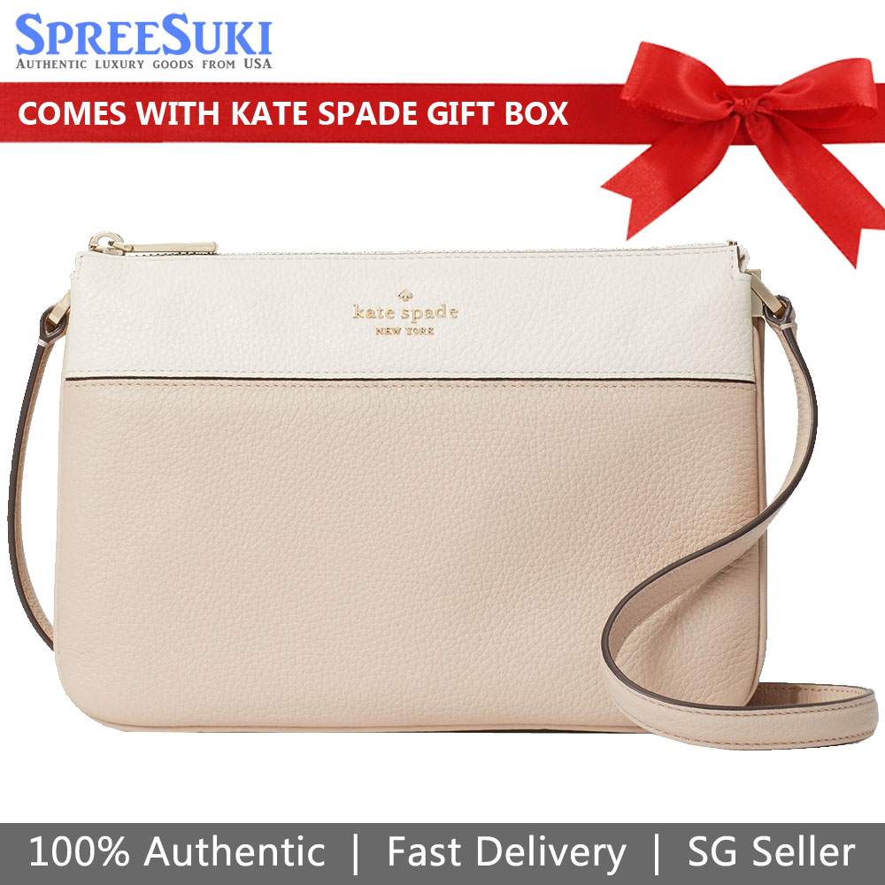 Kate Spade Handbag In Gift Box Crossbody Bag Leila Pebbled Leather Trip Light Sand Off White Beige # WKR00423