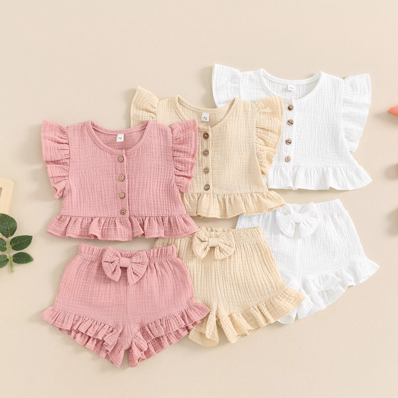 Summer Toddler Baby Girl 2pcs Shorts Set Casual Fly Sleeve Button Down Ruffled Tops and Bow Elastic Waist Shorts Children Set