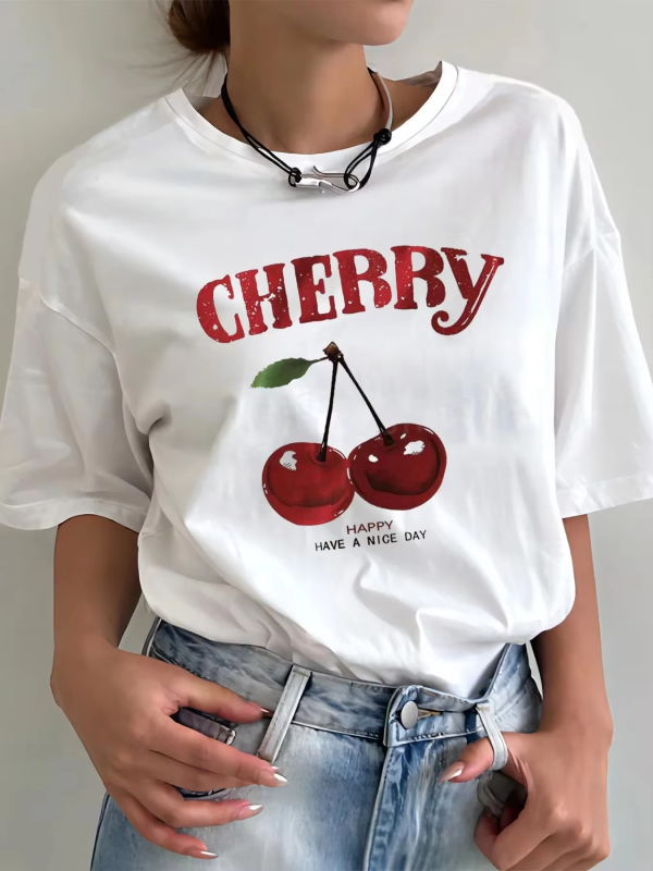 Y2K Cherry Bow Printed T Shirt Women Vintage T Shirt Trendy Cute Coquette Tee Shirt Short Sleeve Cottagecore