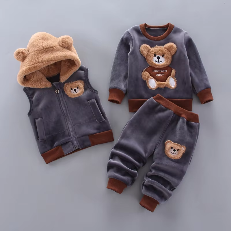 2023 Winter Baby Boy Clothes Sets Autumn Cotton Thick Warm Hooded Sweater Cartoon Cute Bear Three-Piece Baby Girl Suit 0-5Y