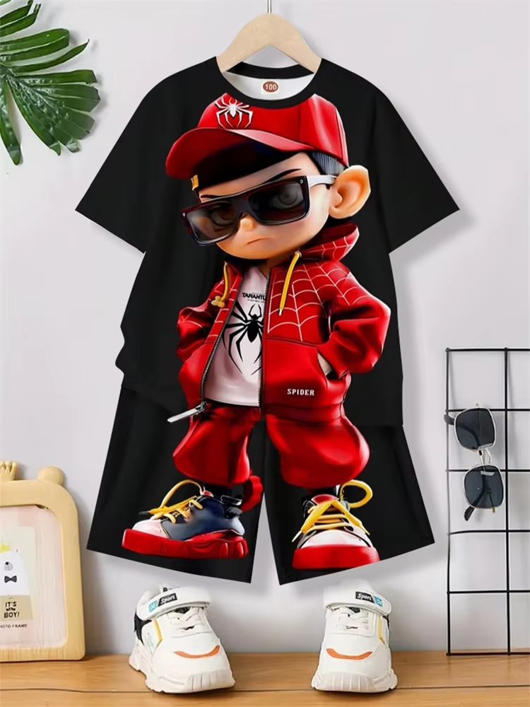 Interesting Cartoon 3D Printed Men's Round Neck Short Sleeve 2pcs Suit Urban Street Trend Men's Short Sleeve Top Trend Fashion