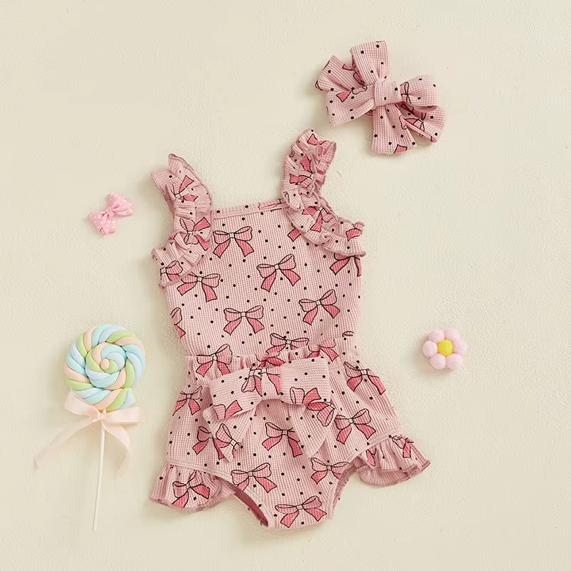 2025-01-02 Lioraitiin Baby Girls Summer Outfits Bow/Strawberry Print Sleeveless Romper with Ruffled Shorts Bow Headband 3Pcs Set