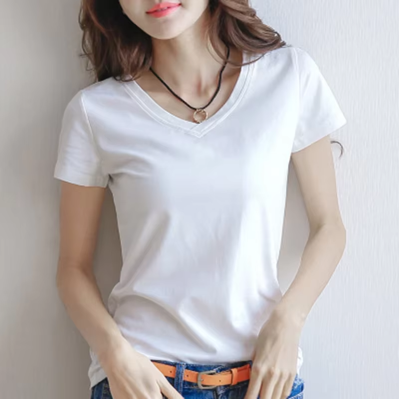 New Solid Basic Short Sleeve Womens Tshirt Casual Black White Fashion Crop Top T Shirt Ladies Fashion Korean Tee Shirt O-V Neck