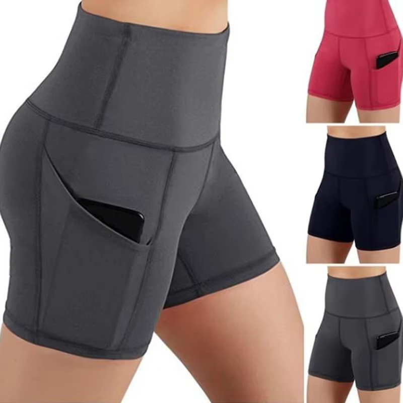 Gym Jogging Running Shorts Yoga Shorts Women High Waist Lifting Push Up Tight Sports Pocket Fitness Short Pant Safety Shorts