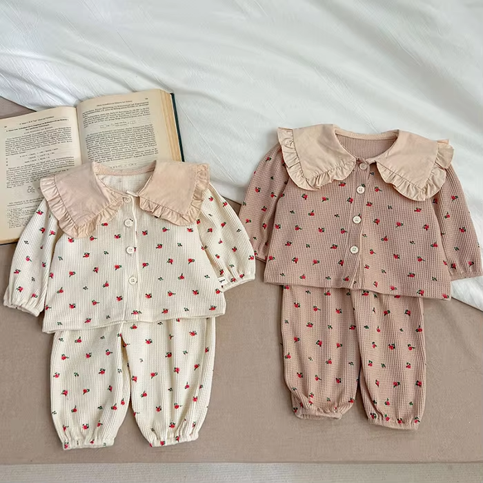 2024 New Spring Newborn Baby Girls Clothing Suit Long Sleeved Waffle Cotton Printing Cardigan+Pants Infant Baby Girl Clothes Set